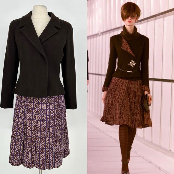 Vintage Y2K Runway CHANEL  FR 44 Blazer Skirt Set Chocolate Brown Cashmere Silk - Picture 1 of 16